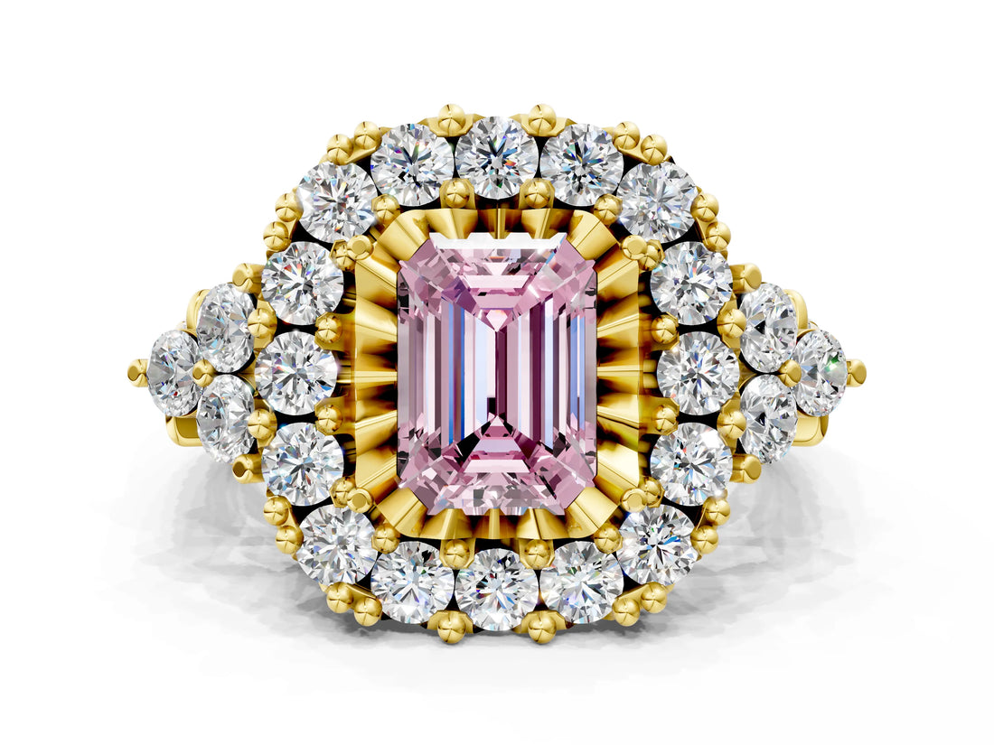 Yellow gold Fancy Pink Emerald Cut Diamond Halo Ring with Pavé Band and Four-Prong Setting_42