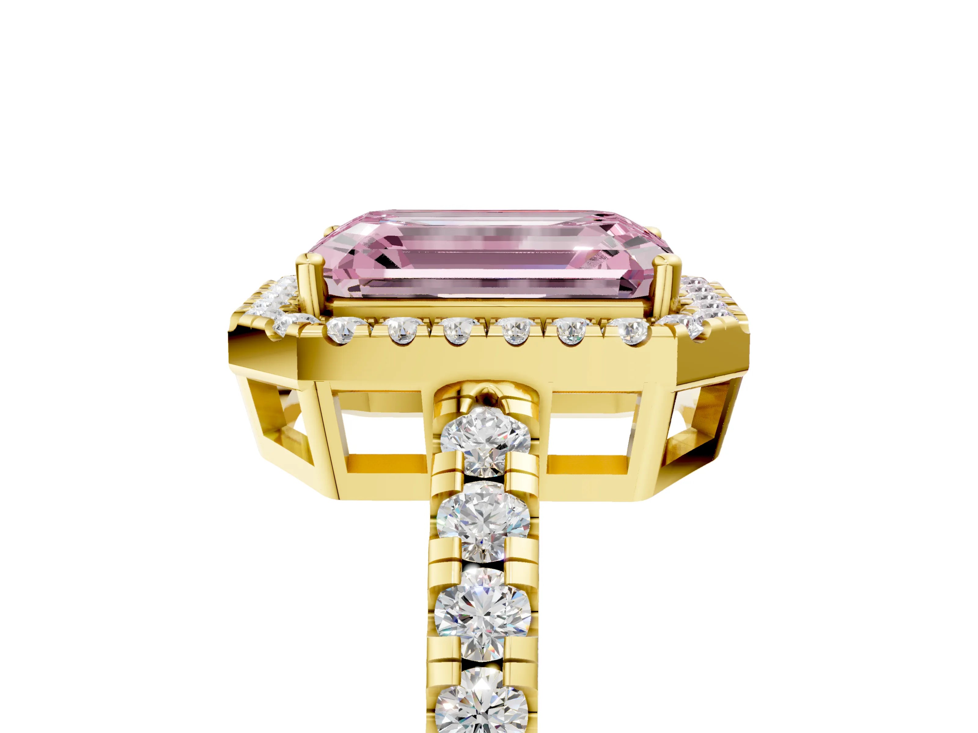 Yellow gold Fancy Pink Emerald Cut Diamond Halo Ring with Pavé Band and Four-Prong Setting_5