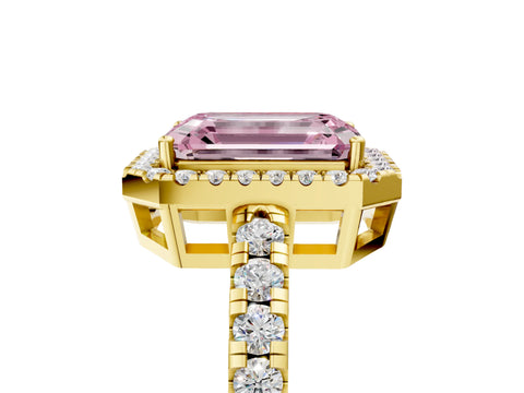 Yellow gold Fancy Pink Emerald Cut Diamond Halo Ring with Pavé Band and Four-Prong Setting_5
