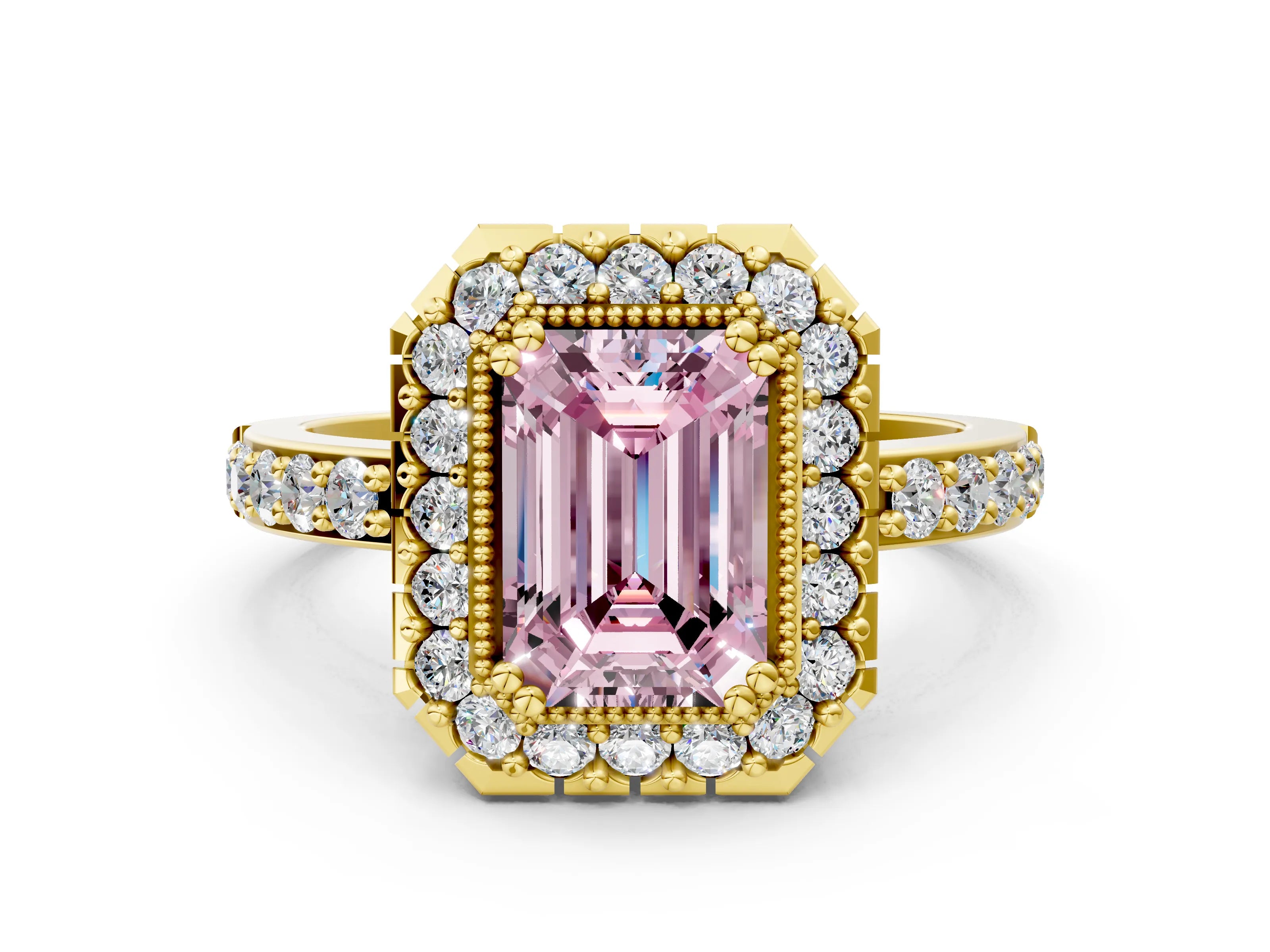 Yellow gold Fancy Pink Emerald Cut Diamond Halo Ring with Pavé Band and Prong Setting