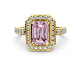 Yellow gold Fancy Pink Emerald Cut Diamond Halo Ring with Pavé Band and Prong Setting