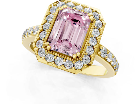 Yellow gold Fancy Pink Emerald Cut Diamond Halo Ring with Pavé Band and Prong Setting_1
