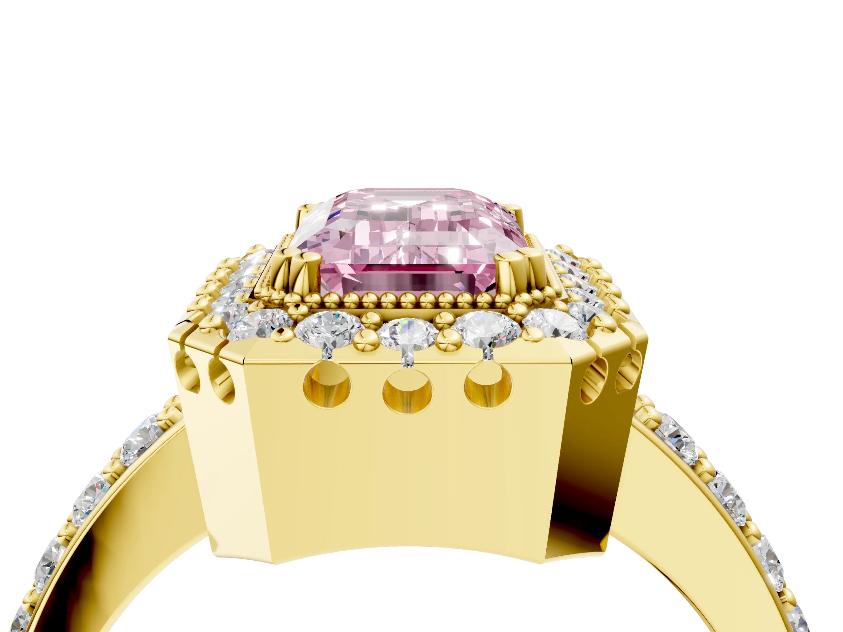 Yellow gold Fancy Pink Emerald Cut Diamond Halo Ring with Pavé Band and Prong Setting_4