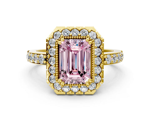Yellow gold Fancy Pink Emerald Cut Diamond Halo Ring with Pavé Band and Prong Setting