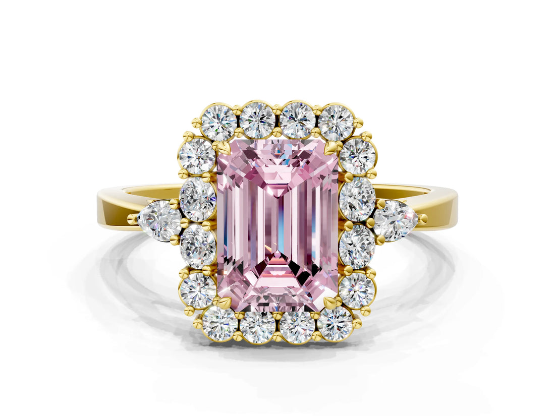 Yellow gold Fancy Pink Emerald Cut Diamond Halo Ring with Pear Side Stones and Prong Setting_51