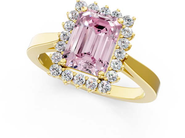 Yellow gold Fancy Pink Emerald  Cut Diamond Halo Ring with Round Brilliant Halo and Solitaire Band