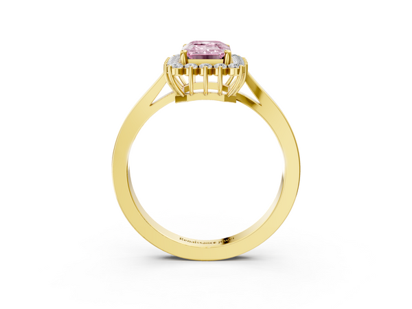 Yellow gold Fancy Pink Emerald  Cut Diamond Halo Ring with Round Brilliant Halo and Solitaire Band