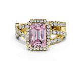 Yellow gold Fancy Pink Emerald Cut Diamond Halo Ring with Round Split Shank and Prong Setting_36