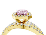 Yellow gold Fancy Pink Emerald Cut Diamond Halo Ring with Round Split Shank and Prong Setting_40