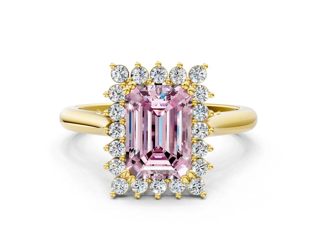 Yellow gold Fancy Pink Emerald  Cut Diamond Halo Ring with Solitaire Band and Prong Setting_53