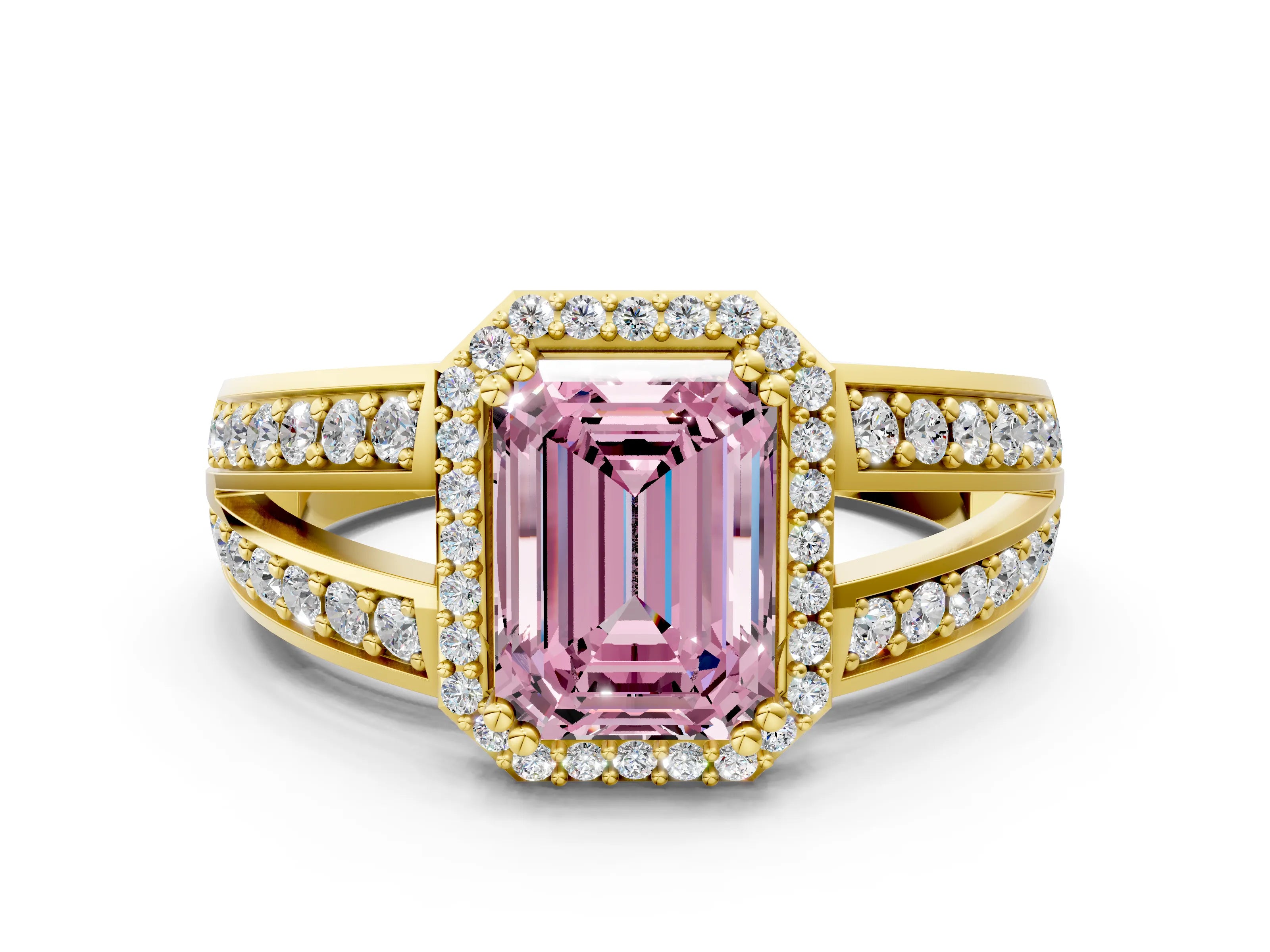 Yellow gold Fancy Pink Emerald Cut Diamond Halo Ring with Split Shank Pavé Band and Four-Prong Setting