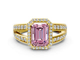 Yellow gold Fancy Pink Emerald Cut Diamond Halo Ring with Split Shank Pavé Band and Four-Prong Setting