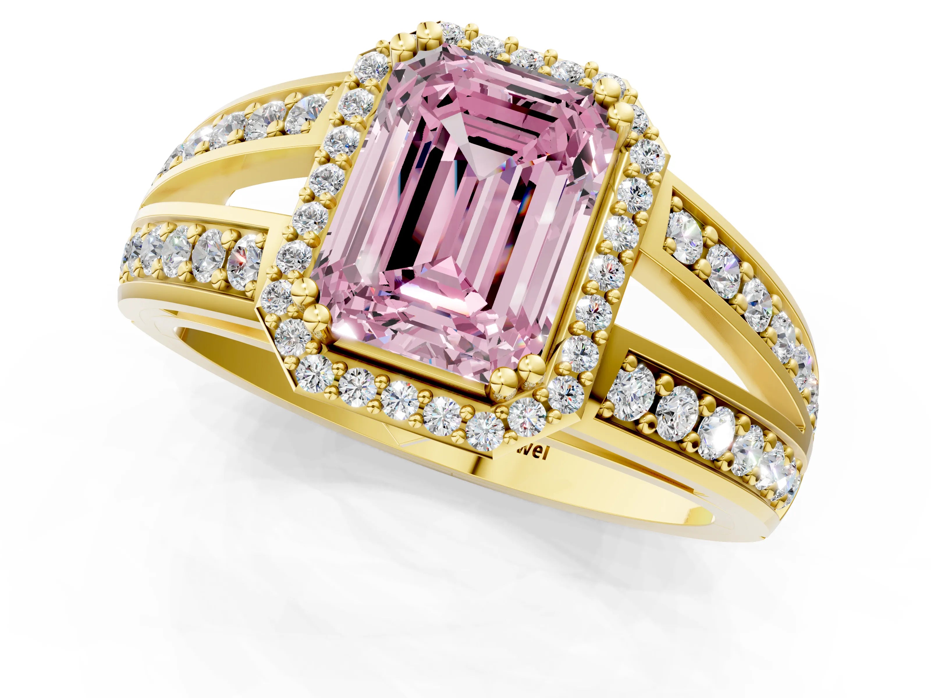 Yellow gold Fancy Pink Emerald Cut Diamond Halo Ring with Split Shank Pavé Band and Four-Prong Setting_1