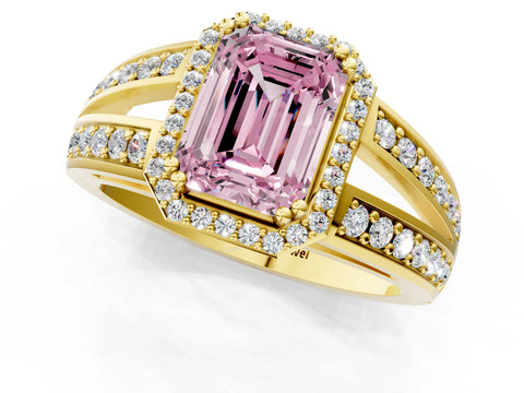 Yellow gold Fancy Pink Emerald Cut Diamond Halo Ring with Split Shank Pavé Band and Four-Prong Setting_1