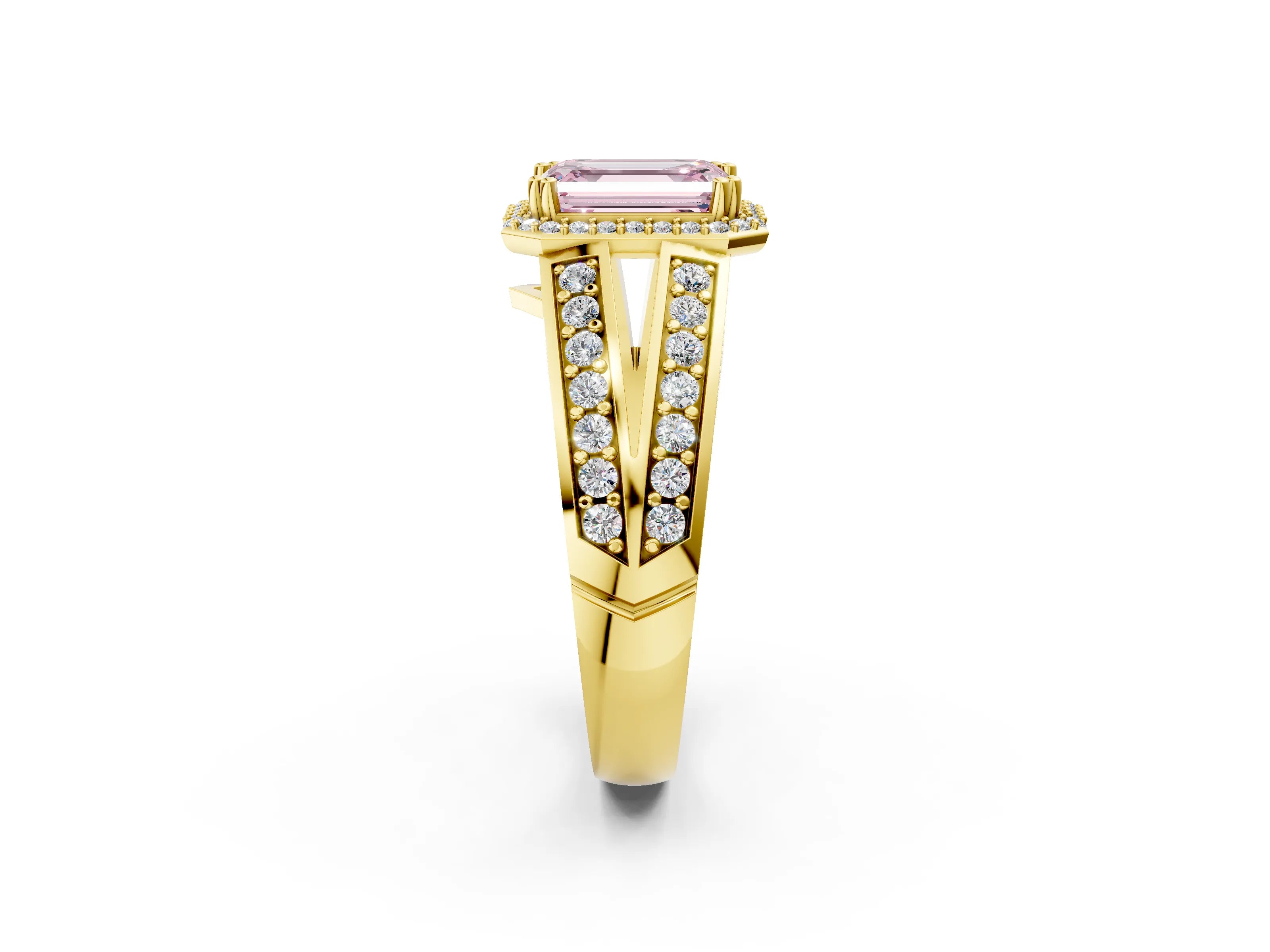 Yellow gold Fancy Pink Emerald Cut Diamond Halo Ring with Split Shank Pavé Band and Four-Prong Setting_2