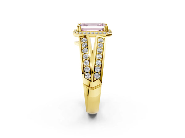 Yellow gold Fancy Pink Emerald Cut Diamond Halo Ring with Split Shank Pavé Band and Four-Prong Setting