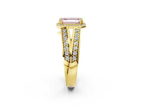 Yellow gold Fancy Pink Emerald Cut Diamond Halo Ring with Split Shank Pavé Band and Four-Prong Setting_2
