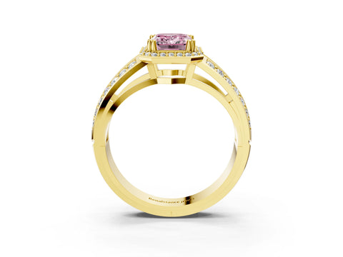 Yellow gold Fancy Pink Emerald Cut Diamond Halo Ring with Split Shank Pavé Band and Four-Prong Setting_3