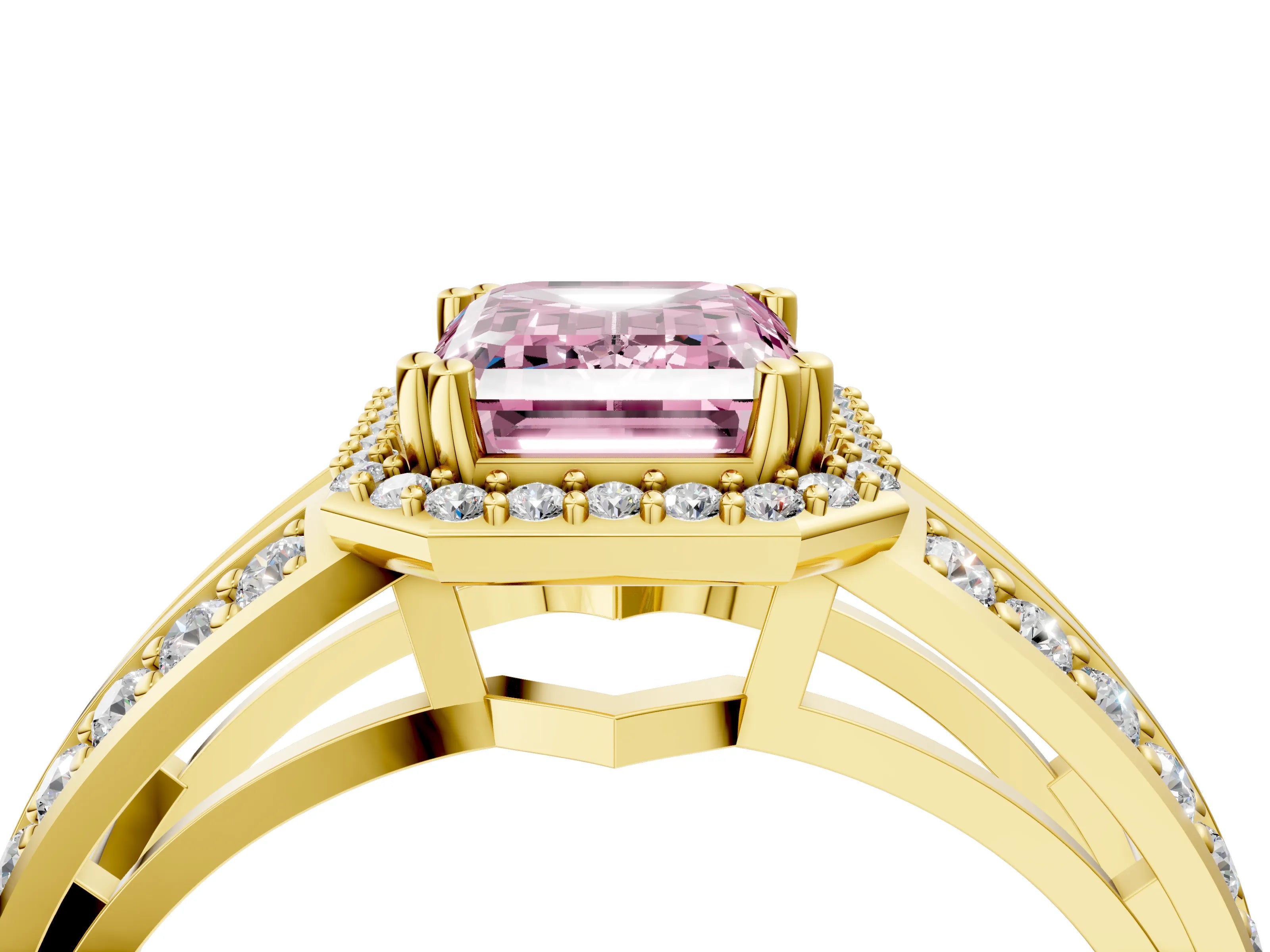 Yellow gold Fancy Pink Emerald Cut Diamond Halo Ring with Split Shank Pavé Band and Four-Prong Setting_4
