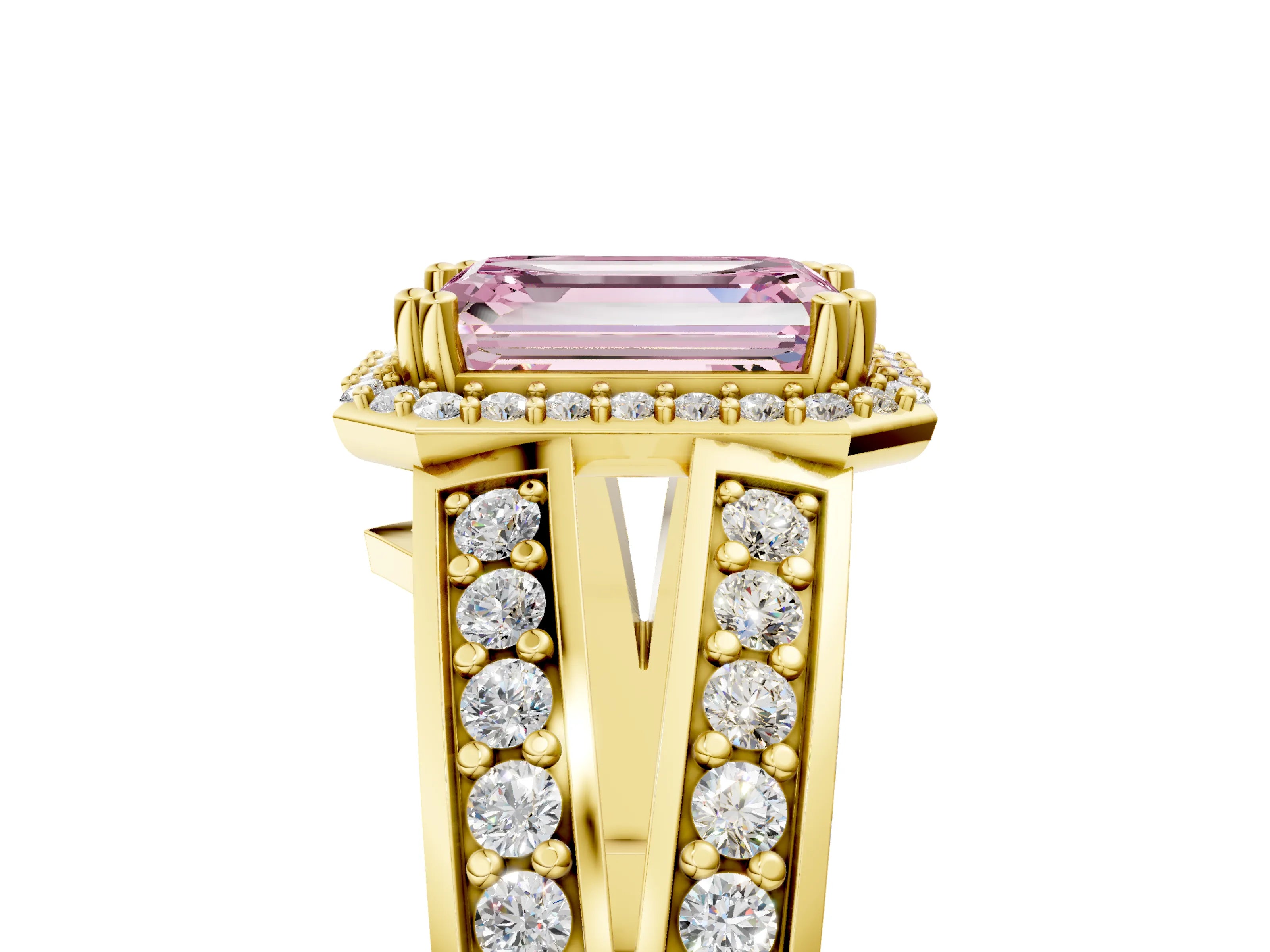 Yellow gold Fancy Pink Emerald Cut Diamond Halo Ring with Split Shank Pavé Band and Four-Prong Setting_5