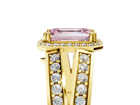 Yellow gold Fancy Pink Emerald Cut Diamond Halo Ring with Split Shank Pavé Band and Four-Prong Setting_5