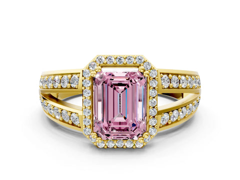 Yellow gold Fancy Pink Emerald Cut Diamond Halo Ring with Split Shank Pavé Band and Four-Prong Setting