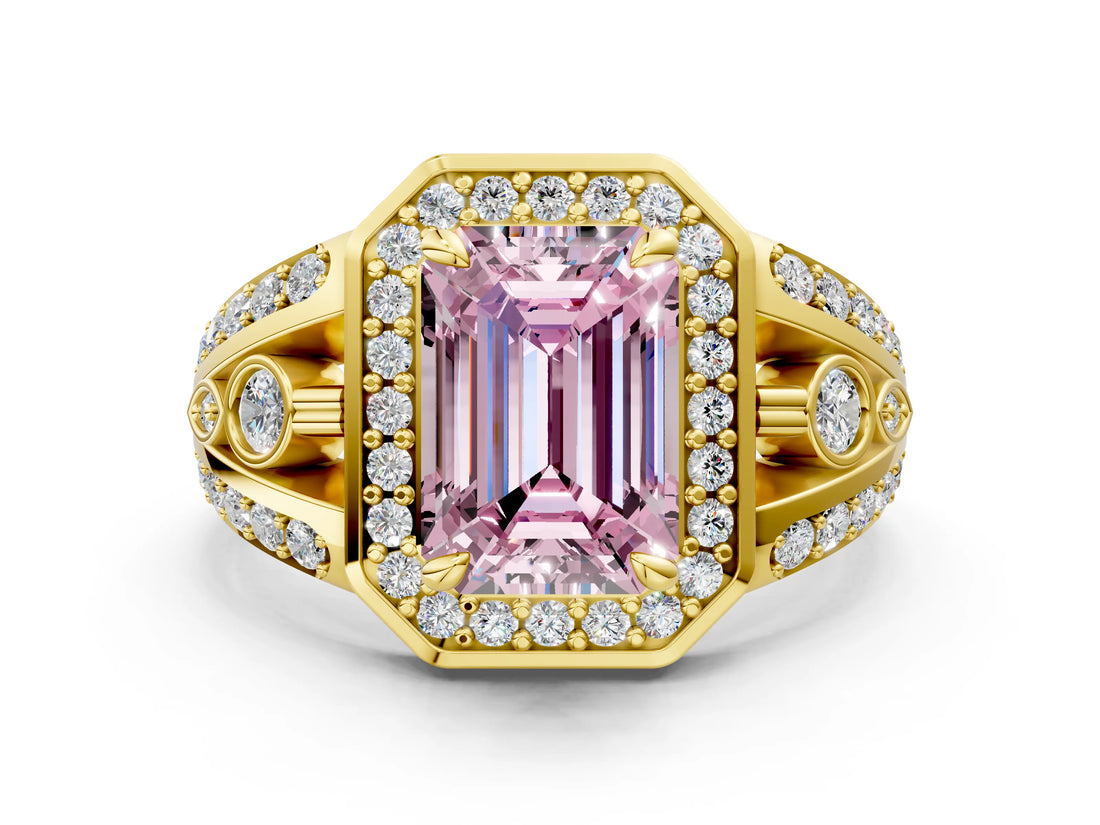 Yellow gold Fancy Pink Emerald Cut Diamond Halo Ring with Split Shank and Bezel Accents and Four-Prong Setting
