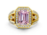 Yellow gold Fancy Pink Emerald Cut Diamond Halo Ring with Split Shank and Bezel Accents and Four-Prong Setting