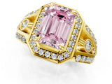 Yellow gold Fancy Pink Emerald Cut Diamond Halo Ring with Split Shank and Bezel Accents and Four-Prong Setting_1