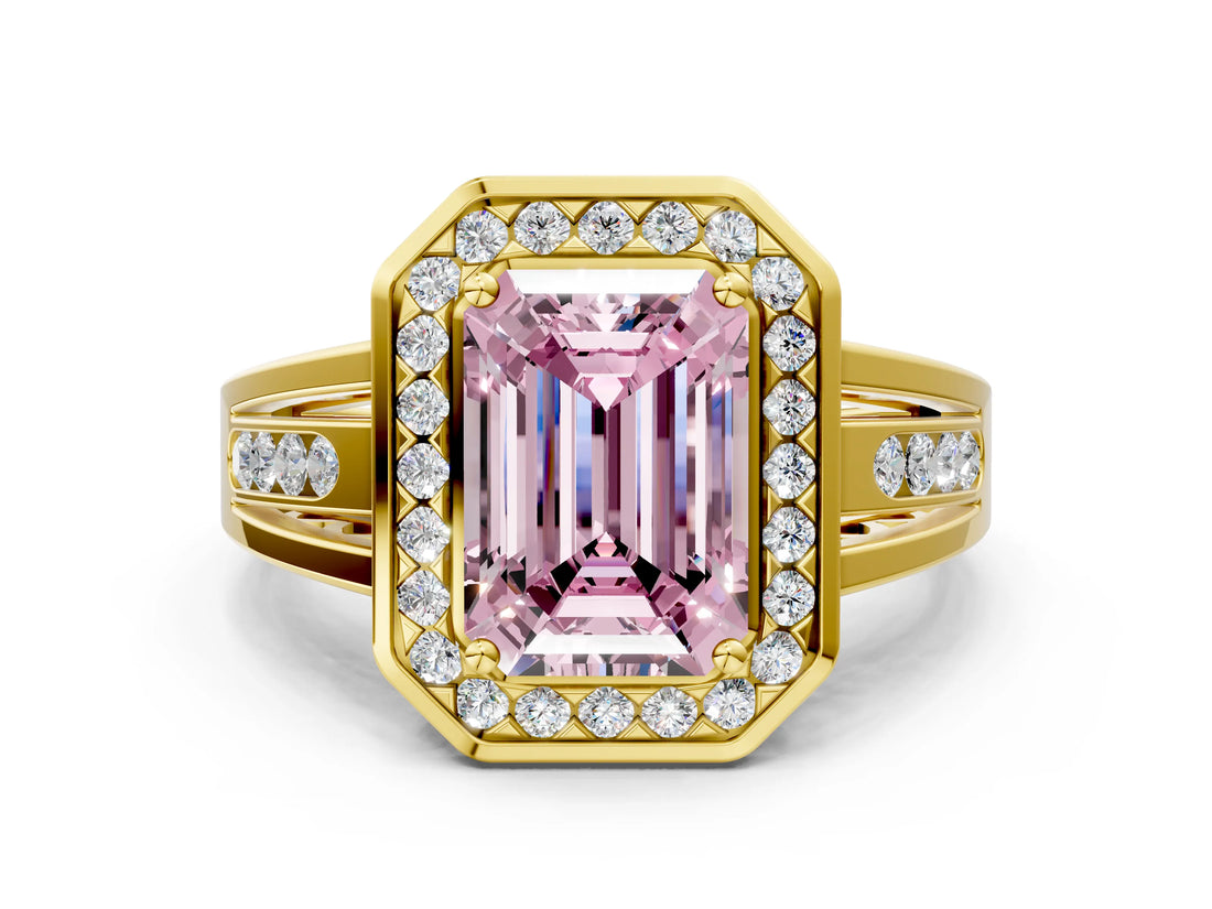 Yellow gold Fancy Pink Emerald Cut Diamond Halo Ring with Split Shank and Bezel Accents and Prong Setting