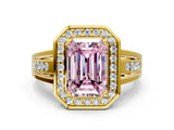 Yellow gold Fancy Pink Emerald Cut Diamond Halo Ring with Split Shank and Bezel Accents and Prong Setting