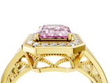 Yellow gold Fancy Pink Emerald Cut Diamond Halo Ring with Split Shank and Bezel Accents and Prong Setting_4