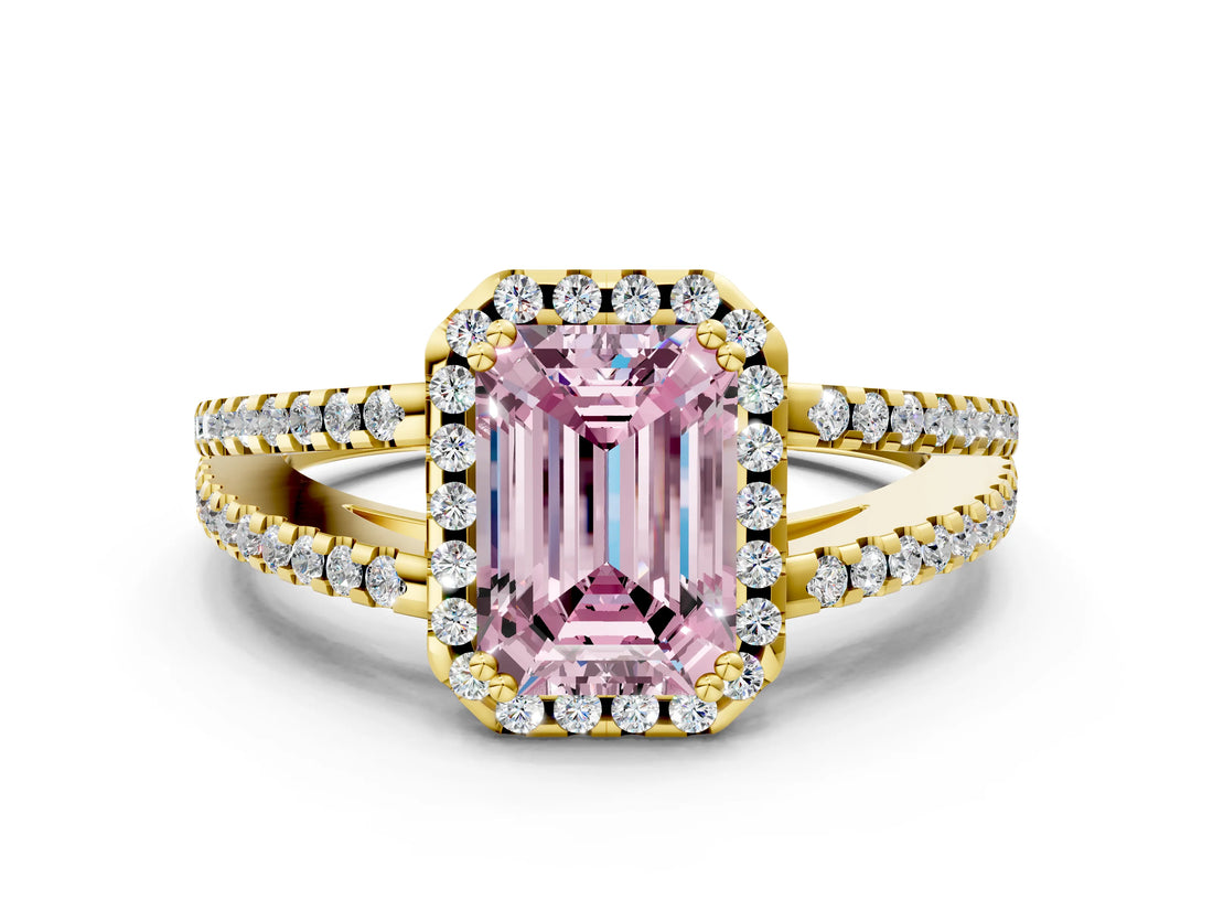 Yellow gold Fancy Pink Emerald Cut Diamond Halo Split Shank Engagement Ring_39