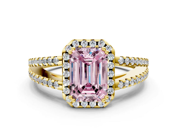 Yellow gold Fancy Pink Emerald Cut Diamond Halo Split Shank Engagement Ring