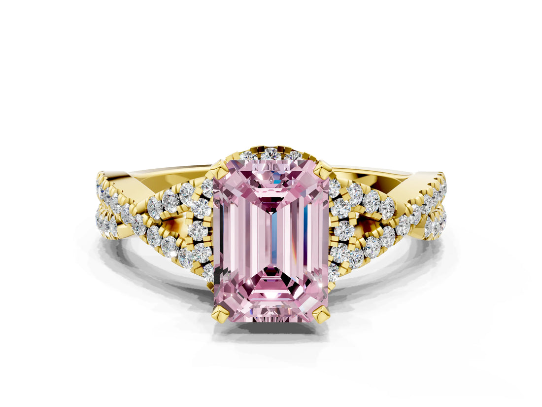 Yellow gold Fancy Pink Emerald Cut Diamond  Halo Twist Band Solitaire Prong Setting Ring_36