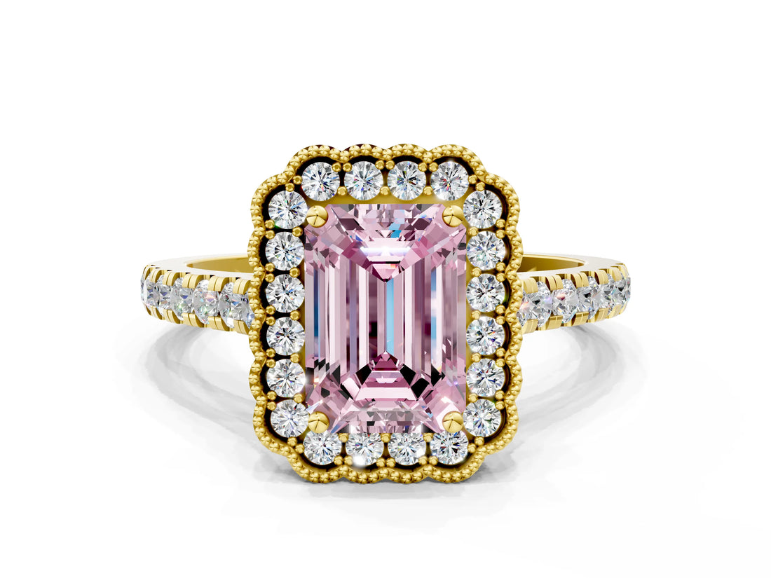 Yellow gold Fancy Pink Emerald  Cut Diamond Milgrain Floral Halo Engagement Ring with Pavé Band_15