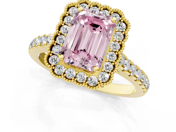 Yellow gold Fancy Pink Emerald  Cut Diamond Milgrain Floral Halo Engagement Ring with Pavé Band