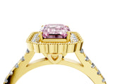Yellow gold Fancy Pink Emerald  Cut Diamond Milgrain Floral Halo Engagement Ring with Pavé Band_19