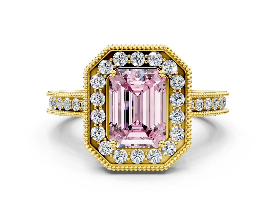 Yellow gold Fancy Pink Emerald Cut Diamond Milgrain Halo Engagement Ring with Round Pavé Band and Prong Setting_12