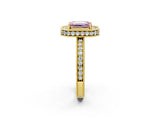 Yellow gold Fancy Pink Emerald Cut Diamond Milgrain Halo Engagement Ring with Round Pavé Band and Prong Setting_14