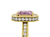 Yellow gold Fancy Pink Emerald Cut Diamond Milgrain Halo Engagement Ring with Round Pavé Band and Prong Setting_17
