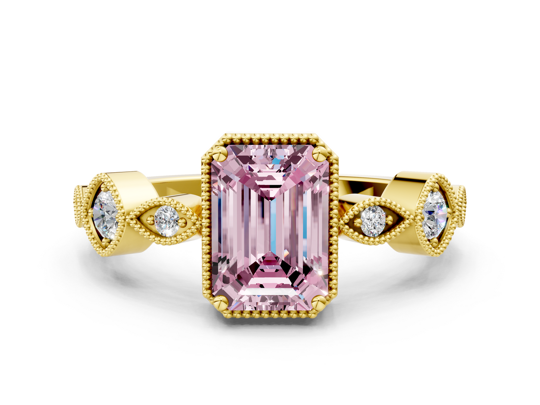 Yellow gold Fancy Pink Emerald  Cut Diamond Milgrain Marquise Band with Prong Setting_3