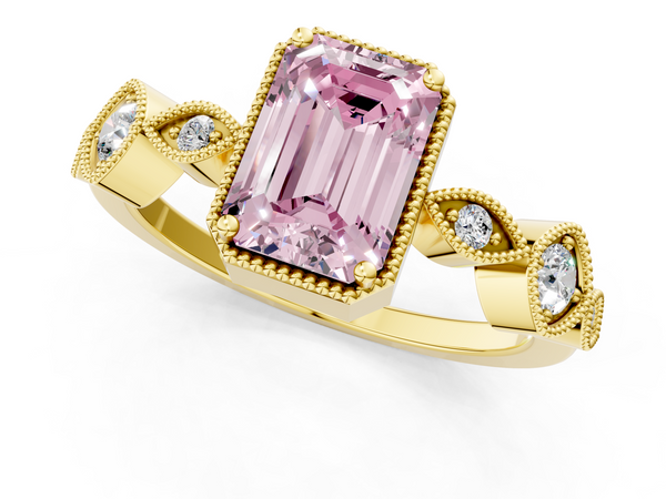 Yellow gold Fancy Pink Emerald  Cut Diamond Milgrain Marquise Band with Prong Setting