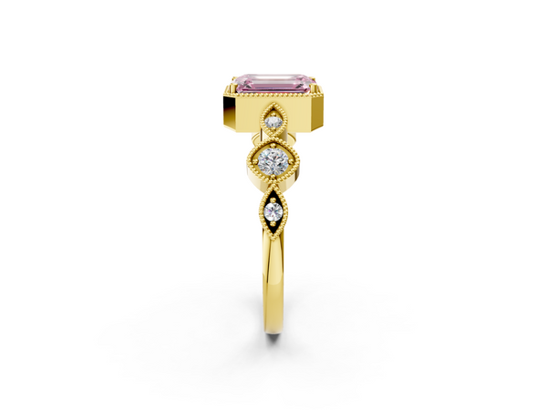 Yellow gold Fancy Pink Emerald  Cut Diamond Milgrain Marquise Band with Prong Setting