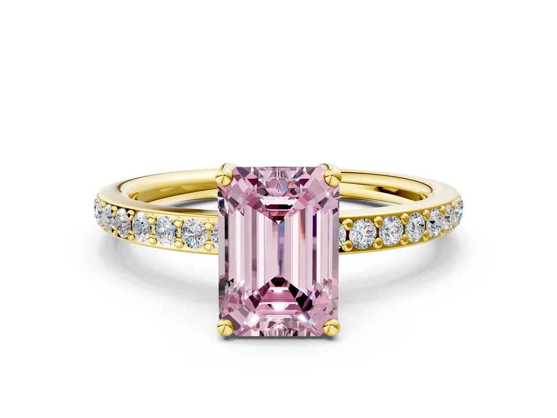 Yellow gold Fancy Pink Emerald  Cut Diamond Pavé Band Ring with Four-Prong Setting_16