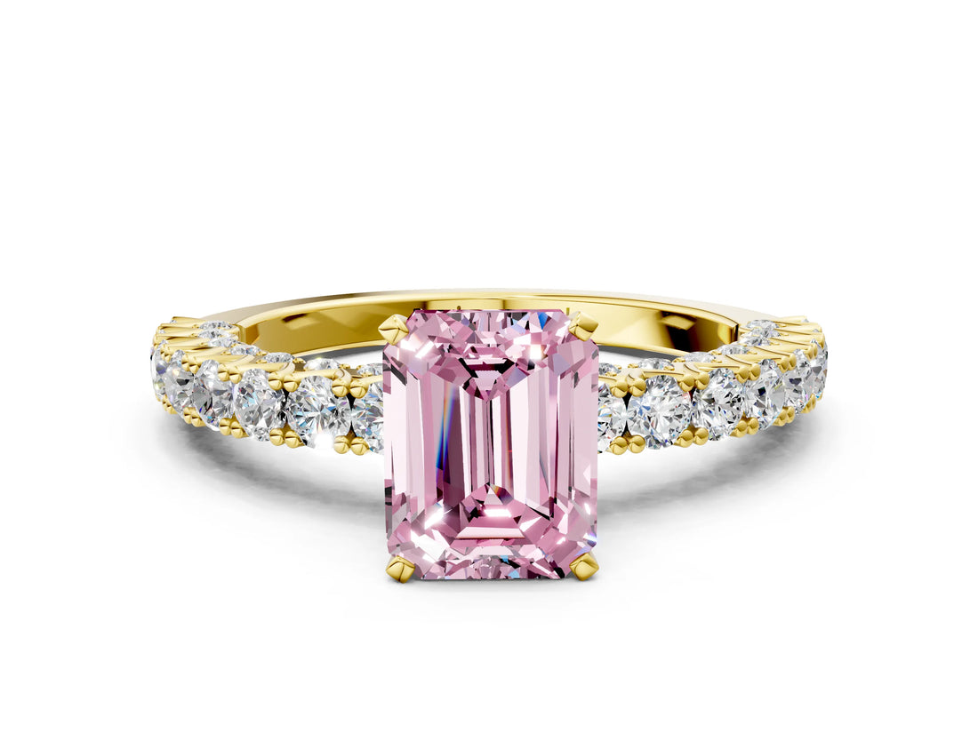 Yellow gold Fancy Pink Emerald Cut Diamond Pavé Band Solitaire Ring with Prong Setting_64