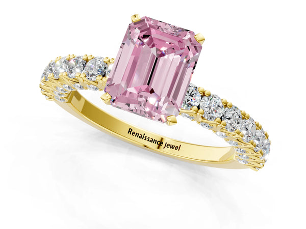 Yellow gold Fancy Pink Emerald Cut Diamond Pavé Band Solitaire Ring with Prong Setting
