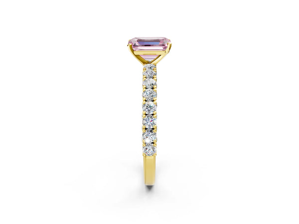 Yellow gold Fancy Pink Emerald Cut Diamond Pavé Band Solitaire Ring with Prong Setting
