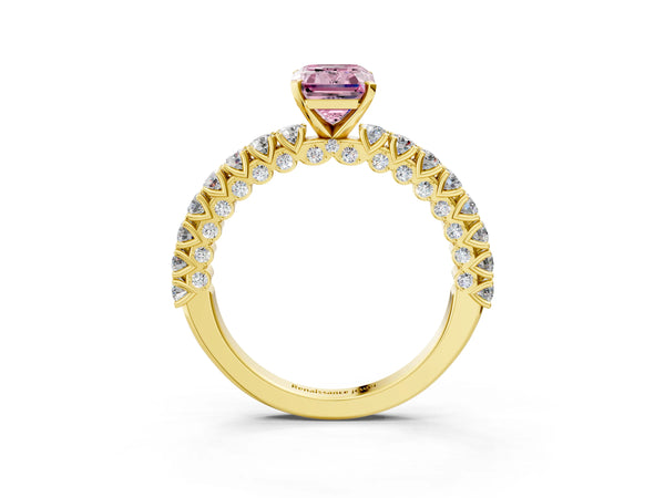 Yellow gold Fancy Pink Emerald Cut Diamond Pavé Band Solitaire Ring with Prong Setting