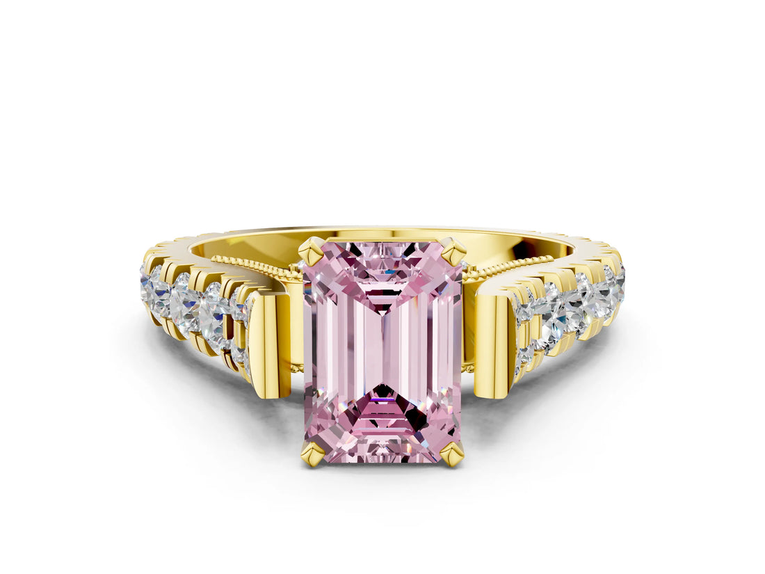 Yellow gold Fancy Pink Emerald  Cut Diamond Pavé Band Solitaire with Four-Prong Setting_15
